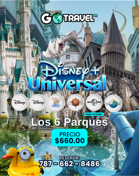 Universal y Disney 6 dias: 2 parques tematicos y 1 acuatico Disney + 2 parques Park to Park Universal  y 1 Volcano Bay