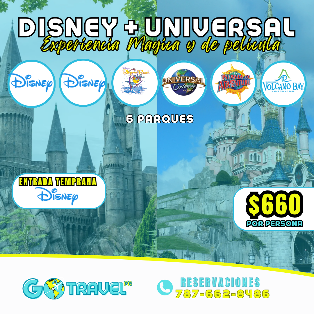 Universal y Disney 6 dias: 2 parques tematicos y 1 acuatico Disney + 2 parques Park to Park Universal  y 1 Volcano Bay