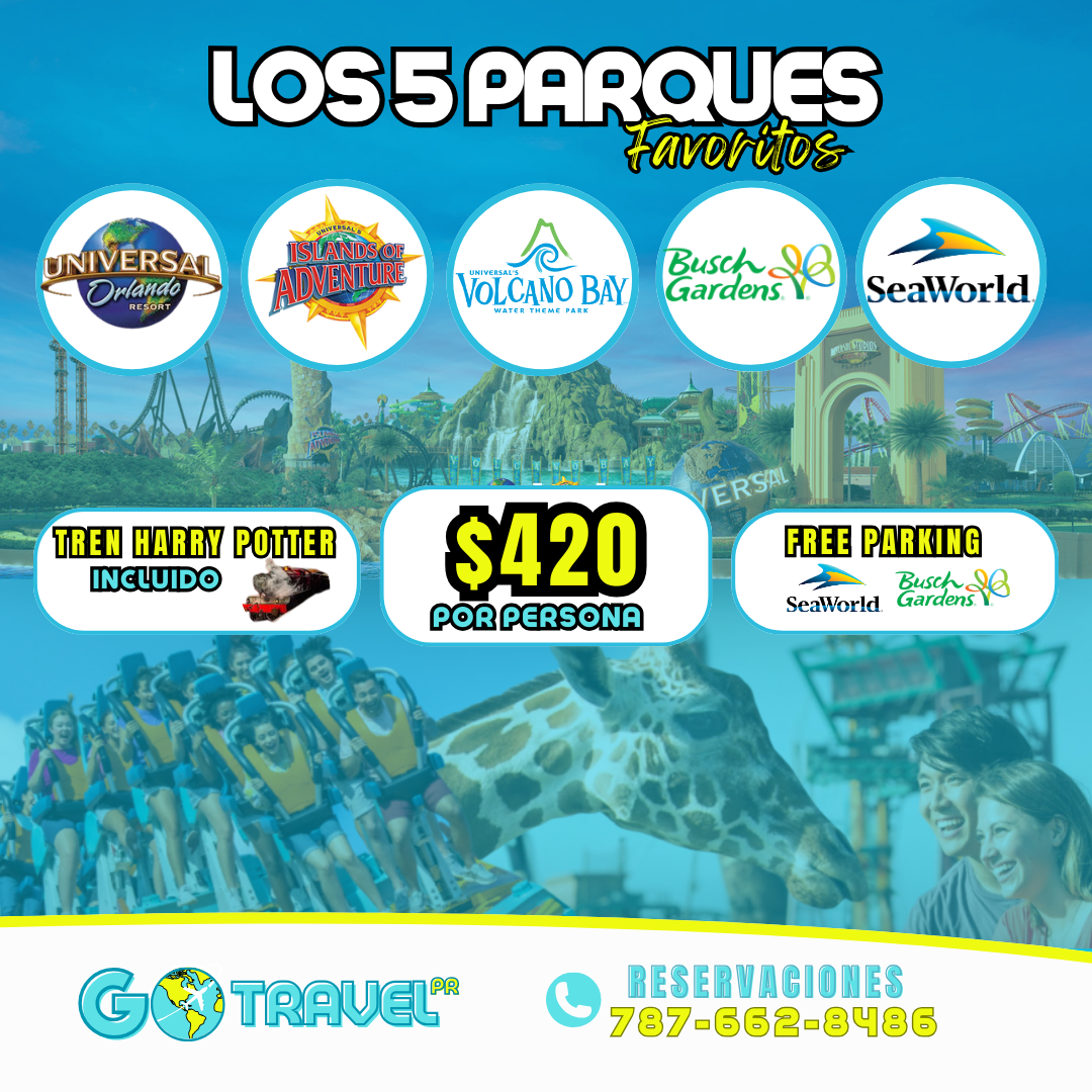 UNIVERSAL Y SEAWOLD 5 PARQUES: 2 días Park to Park Universal y 1 dia Volcano Bay +  1 día SeaWold y 1 Dia Bush Garden